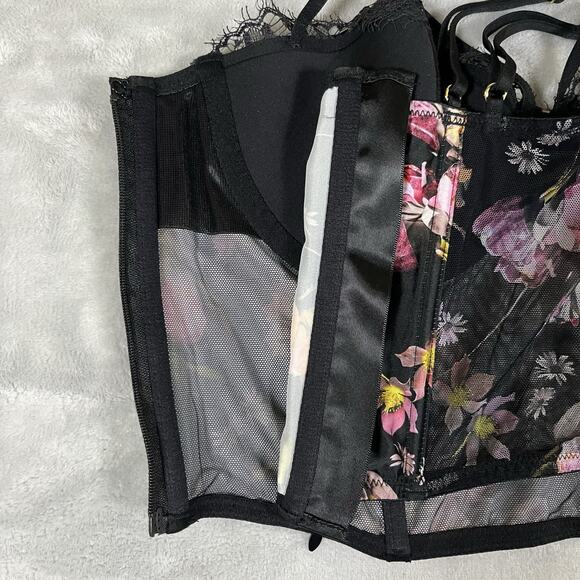 Victorias Secret Very Sexy Black Floral Satin Bustier Corset Top 32D Zipper NWT - Picture 8 of 13